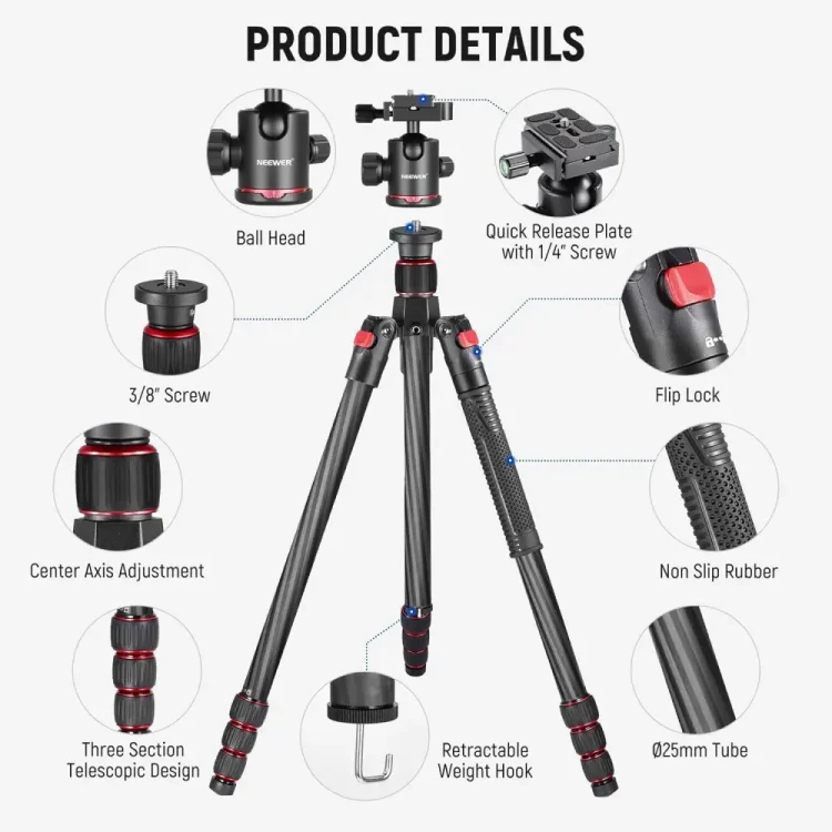 سه پایه دوربین نیور NEEWER N55C CARBON FIBER CAMERA TRIPOD MONOPOD - تصویر 2
